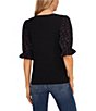 Color:Rich Black - Image 2 - Printed Mixed Media Crew Neck Short Puffed Elbow Sleeve Top