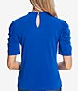 Color:Deep Royal Blue - Image 2 - Short Puff Sleeve Ruffled Mock Neck Knit Shirt