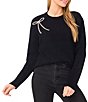 CeCe Round Neck Long Sleeve Embellished Bow Sweater, Color:Rich Black - Image 1