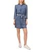 Color:Chambray - Image 1 - Ruffle Mandarin Collar 3/4 Sleeve Button Front Belted Denim Chambray Shirt Dress