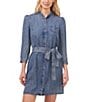 Color:Chambray - Image 3 - Ruffle Mandarin Collar 3/4 Sleeve Button Front Belted Denim Chambray Shirt Dress