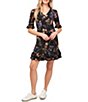 Color:Rich Black - Image 1 - Floral Print Tiered Ruffled Hem Short Elbow Sleeve V-Neck Knit Dress