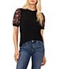 Color:Rich Black - Image 1 - Short Puff Ditsy Floral Print Sleeve Crew Neck Shirt