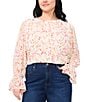 CeCe Smocked Cuffed Long Sleeve Crew Neckline Ditsy Floral Blouse, Color:New Ivory - Image 1