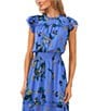 Color:Tropic night - Image 3 - Smocked Waist Mock Neck Flutter Cap Sleeve Midi Floral Dress