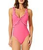 CeCe Solid Contrast Ruffle V-Neck One Piece Swimsuit - Image 1