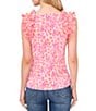 Color:New Ivory - Image 2 - Square Neck Ruffle Sleeveless Ribbed Floral Blouse