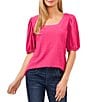 Color:Bright Rose - Image 1 - Square Neck Short Puff Elbow Sleeve Blouse