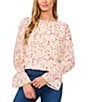CeCe Textured Georgette Floral Round Neck Long Sleeve Smocked Cuff Blouse, Color:New Ivory - Image 1