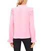 Color:Pink Begonia - Image 2 - Tie Split V-Neck Ruffle Long Cuff Sleeve Blouse