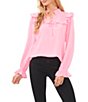 Color:Pink Begonia - Image 1 - Tie Split V-Neck Ruffle Long Cuff Sleeve Blouse