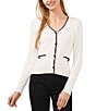 Color:Antique White - Image 1 - V-Neck Long Sleeve Contrasting Trim Rhinestone Button Front Ribbed Knit Cardigan