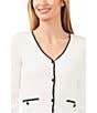 Color:Antique White - Image 3 - V-Neck Long Sleeve Contrasting Trim Rhinestone Button Front Ribbed Knit Cardigan