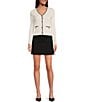 Color:Antique White - Image 4 - V-Neck Long Sleeve Contrasting Trim Rhinestone Button Front Ribbed Knit Cardigan