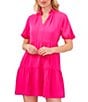 Color:Bright Rose - Image 3 - Ruffle Mock V-Neck Short Puffed Sleeve Tiered Mini Dress