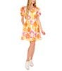 Color:Radiant Yellow - Image 1 - V-Neck Short Puffed Sleeve Floral A-Line Dress