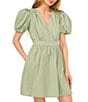 Color:Dusty Olive - Image 3 - V-Neck Short Puffed Sleeve Mini Dress