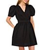 Color:Rich Black - Image 3 - V-Neck Short Puffed Sleeve Mini Dress