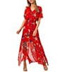 Color:Fiery red - Image 1 - Cece V-Neck Short Sleeve Midi Floral Dress