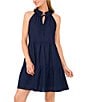 CeCe Woven Linen Blend Split Round Ruffle Neck Sleeveless Button Tie Front Tiered Dress, Color:Classic Navy - Image 3