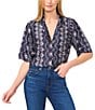 CeCe Woven Notch Collar Short Sleeve Button Front Camp Coordinating Shirt, Color:Classic Navy - Image 1