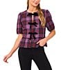 CeCe Woven Coordinating Plaid Print Round Neck Short Sleeve Bow Front Top, Color:Violet - Image 1