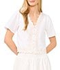 CeCe Woven V-Neck Short Sleeve Embroidered Coordinating Blouse - Image 1
