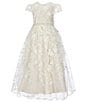 Color:Ivory Taupe - Image 1 - Little Girls 4-6X Cap Sleeve Pearl Embellished Waist Floral Embroidered Scalloped Hem Gown