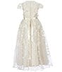 Color:Ivory Taupe - Image 2 - Little Girls 4-6X Cap Sleeve Pearl Embellished Waist Floral Embroidered Scalloped Hem Gown