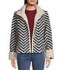 Charlie B. Boucle Chevron Collared Long Sleeve Sherpa Trim Jacket, Color:Marine Navy - Image 1
