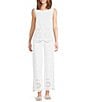 Charlie B. Coordinating Linen Eyelet Embroidered Mid Rise Drawstring Pull-On Pants, Color:White - Image 3