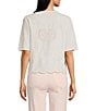 Charlie B. Eyelet Embriodered V-Neck Short Sleeve Scalloped Hem Tie Front Blouse, Color:White - Image 2