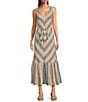 Charlie B. Linen Blend Stripe Print V-Neck Sleeveless Maxi A-Line Dress, Color:Blue Multi - Image 1