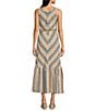 Charlie B. Linen Blend Stripe Print V-Neck Sleeveless Maxi A-Line Dress, Color:Blue Multi - Image 2