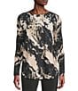 Charlie B. Printed Round Neck Long Sleeve Rounded Hem Top, Color:Granite - Image 1