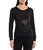 Color:True Black - Image 1 - Knit Round Neck Long Sleeve Stone Skull Graphic Top