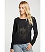 Color:True Black - Image 4 - Knit Round Neck Long Sleeve Stone Skull Graphic Top
