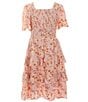 Color:Blush Brown - Image 1 - Big Girls 7-16 Floral Print Short Sleeve Square Neck Smocked Tiered Dress