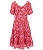 Color:Red/Pink - Image 1 - Big Girls 7-16 Puff Sleeve Tropical Floral Printed Ruffled A-Line Dress