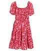 Color:Red/Pink - Image 2 - Big Girls 7-16 Puff Sleeve Tropical Floral Printed Ruffled A-Line Dress