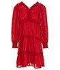 Color:Red Tango - Image 1 - Big Girls 7-16 Satin Ruffled Plisse Long Sleeve Tiered Dress