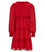 Color:Red Tango - Image 2 - Big Girls 7-16 Satin Ruffled Plisse Long Sleeve Tiered Dress