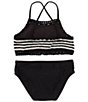 Color:Black - Image 2 - Big Girls 7-16 Striped Halter Crochet Bralette Two-Piece Swimsuit