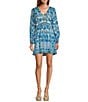 Chelsea & Violet Cadence Printed V Neckline Long Sleeve Tie Front Dress, Color:White/Blue - Image 1