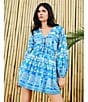 Chelsea & Violet Cadence Printed V Neckline Long Sleeve Tie Front Dress, Color:White/Blue - Image 4