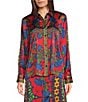 Chelsea & Violet Cora Satin Ikat Print Pointed Collar Button Front Shirttail Long Sleeve Coordinating Blouse, Color:Red Ikat - Image 1
