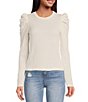 Color:Toasted Ivory - Image 1 - Crew Neck Long Puff Sleeve Waffle Knit Top