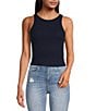 Color:Classic Navy - Image 1 - Cropped Racer Crew Neck Sleeveless Knit Tee