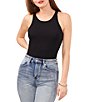 Color:Black - Image 1 - Cropped Racer Crew Neck Sleeveless Ribbed Knit Tank Top