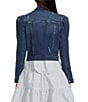 Color:Quartz Wash - Image 2 - Distressed Point Collar Long Puff Sleeve Cropped Denim Jacket